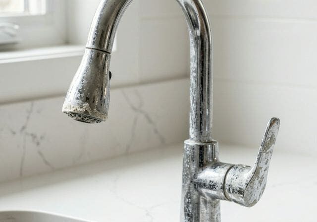 Hard water deposits on kitchen faucet