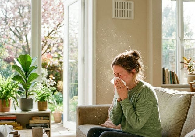 Person sneezing during allergy season