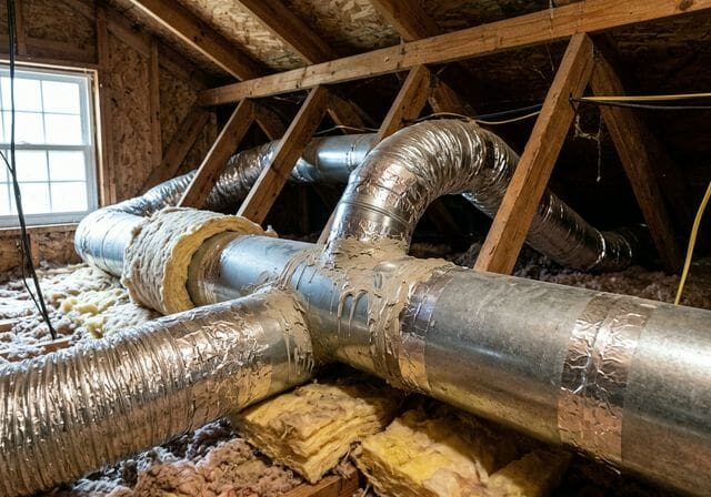 Ductwork in attic with sealant