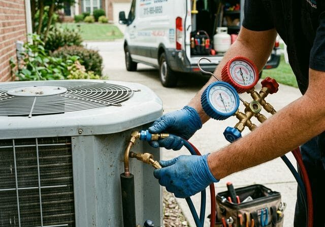 Technician with refrigerant gauges on AC