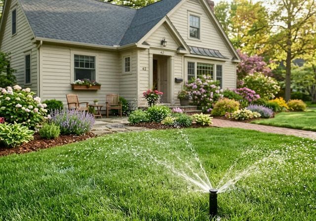 Sprinkler system watering lawn
