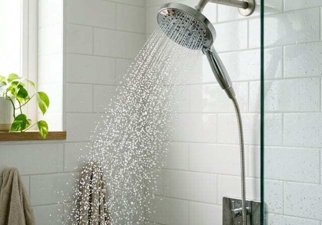 Low flow showerhead spraying water