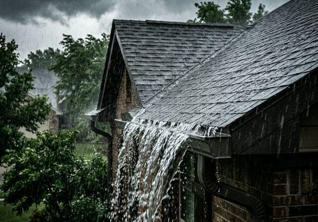 Rain overflowing gutters in storm