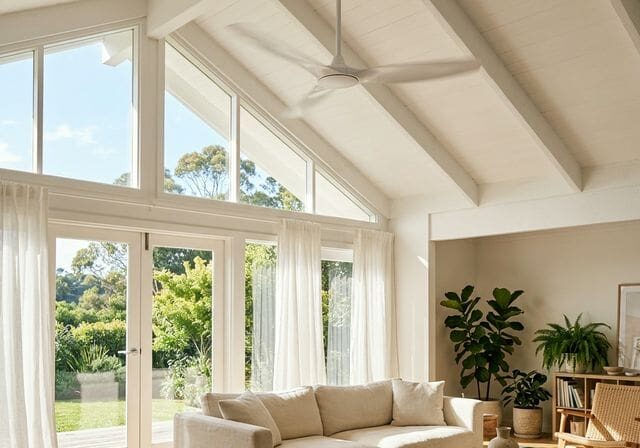 Ceiling fan in bright living room