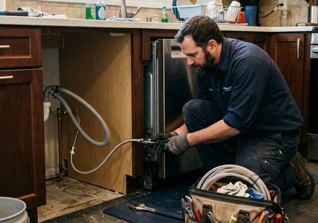 Plumber installing dishwasher