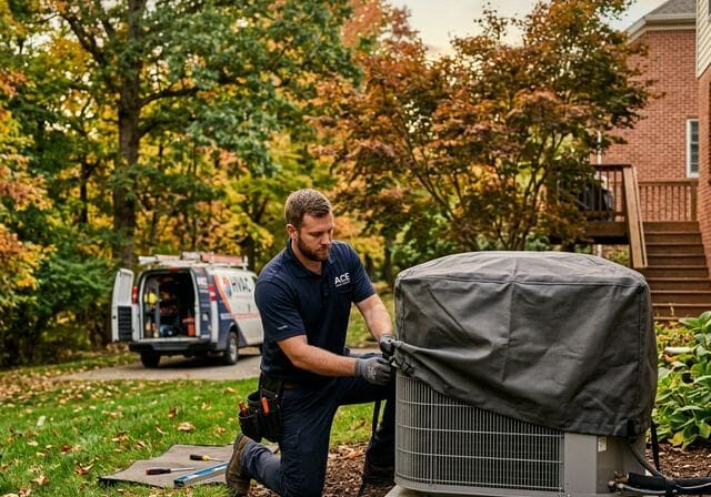 Technician covering AC for winter