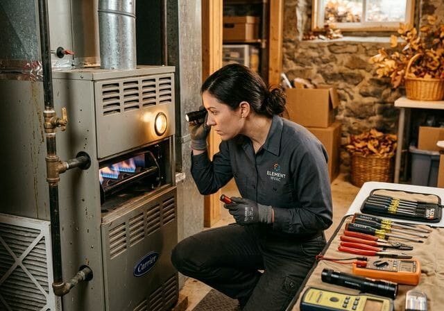 Technician inspecting furnace flame