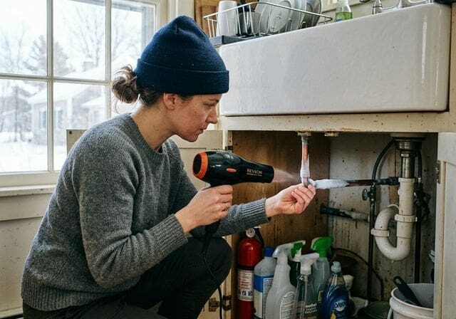 Thawing frozen pipe with hair dryer
