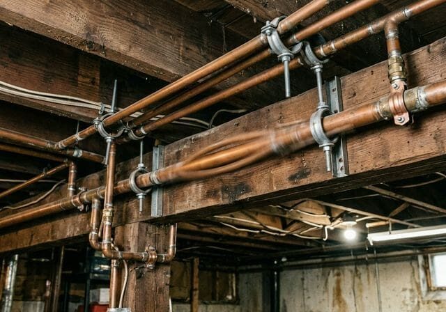 Copper pipes in basement ceiling