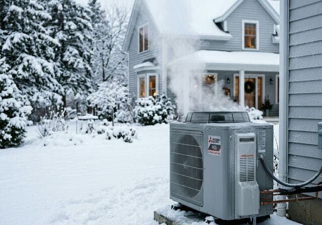Heat pump operating in cold snowy weather
