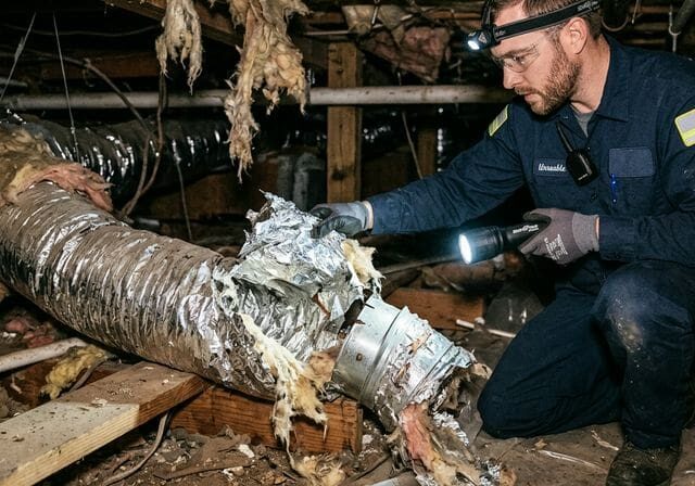 Technician inspecting damaged flexible ductwork