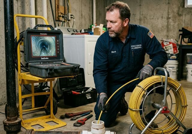 Plumber with sewer camera inspection equipment