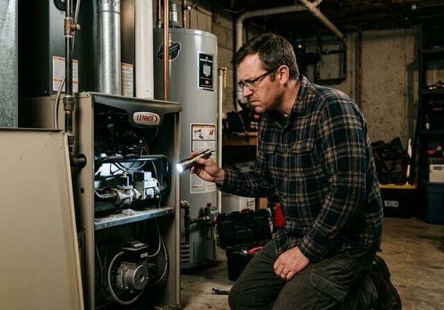 Homeowner troubleshooting furnace with flashlight