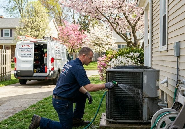 Technician cleaning AC condenser in spring