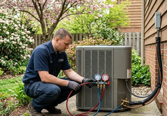 HVAC technician connecting manifold gauges to AC condenser service ports in spring
