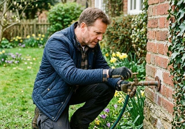Homeowner checking outdoor hose bib for leaks in spring