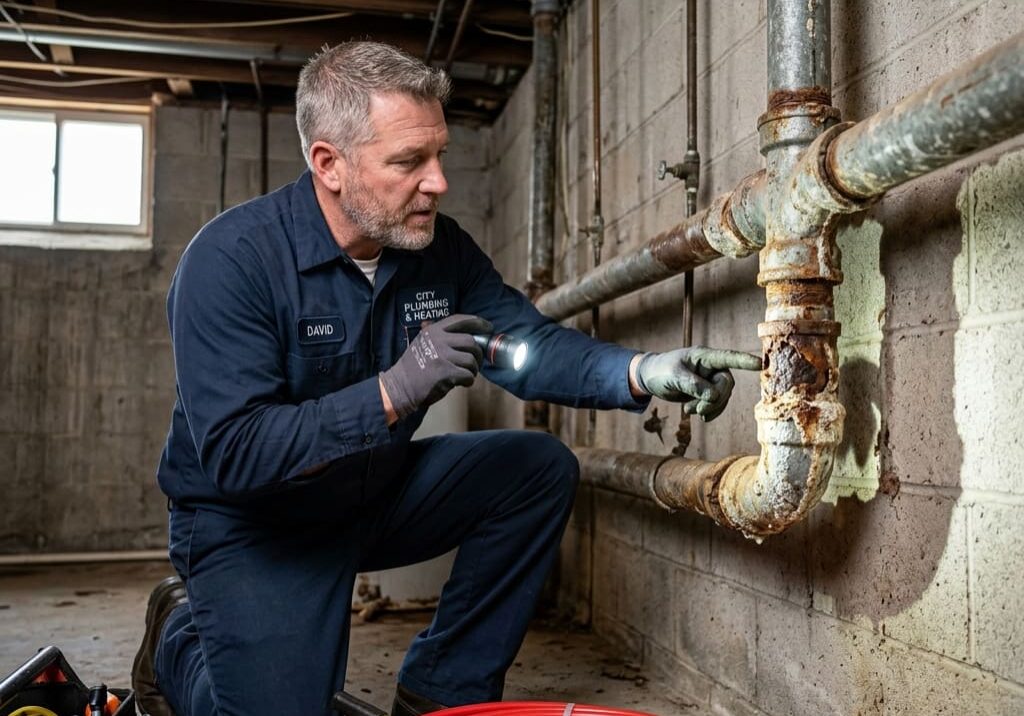 Plumber inspecting corroded old pipes in basement with new PEX piping ready for installation